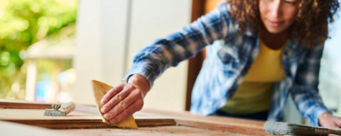 how to sand cabinets, Woman using hand sanding block to smooth wooden cabinet surface and avoid over-sanding mistakes