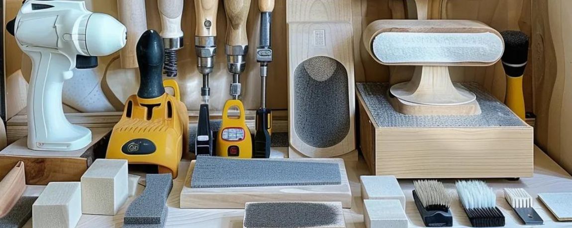 how to sand cabinets, Assorted sanding tools and equipment for cabinet prep, including sanders, blocks, and grit pads