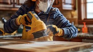 How to Sand Cabinets correctly Person sanding kitchen cabinet with random orbital sander for smooth paint finish, demonstrating proper cabinet sanding techniques