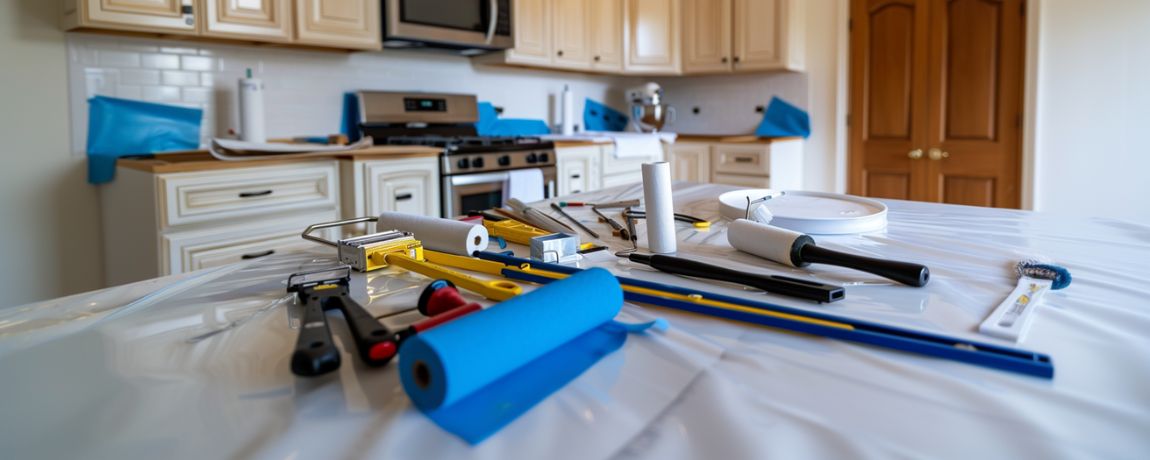 New painting tool kit with brushes and rollers on plastic-covered island in clean bright kitchen, cabinets masked and ready to paint. Cabinet painting beginners.