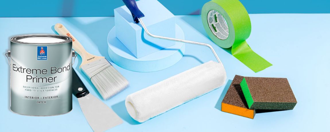 Cabinet painting beginners primer and tools—Sherwin-Williams Extreme Bond Primer, roller, brush, tape, sanding blocks