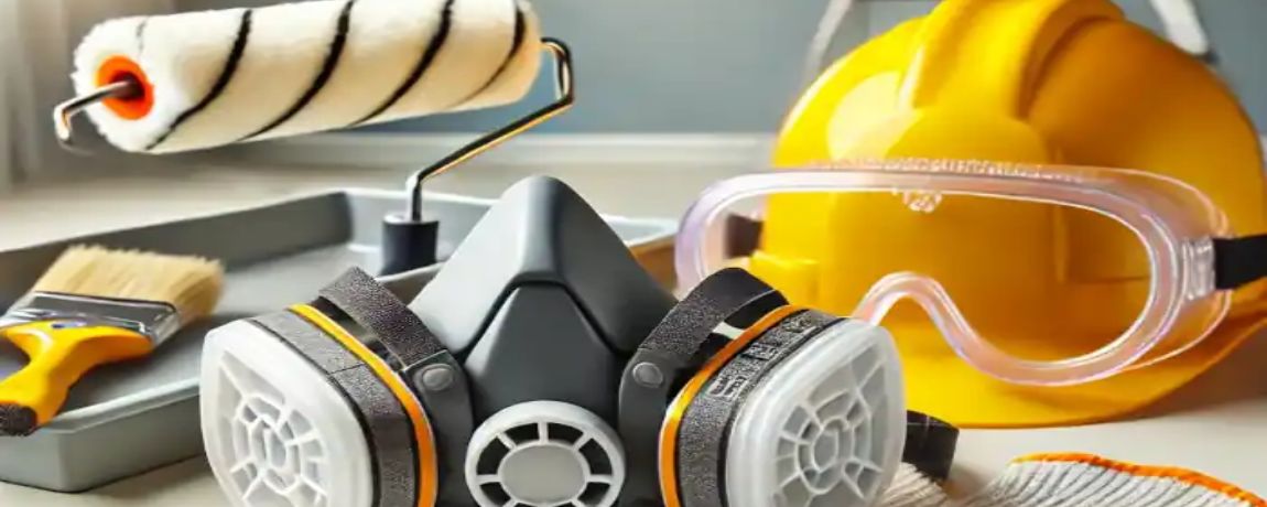 Cabinet painting beginners. painting safety gear respirator mask goggles hard hat with paint roller brush and tray ppe for ventilation