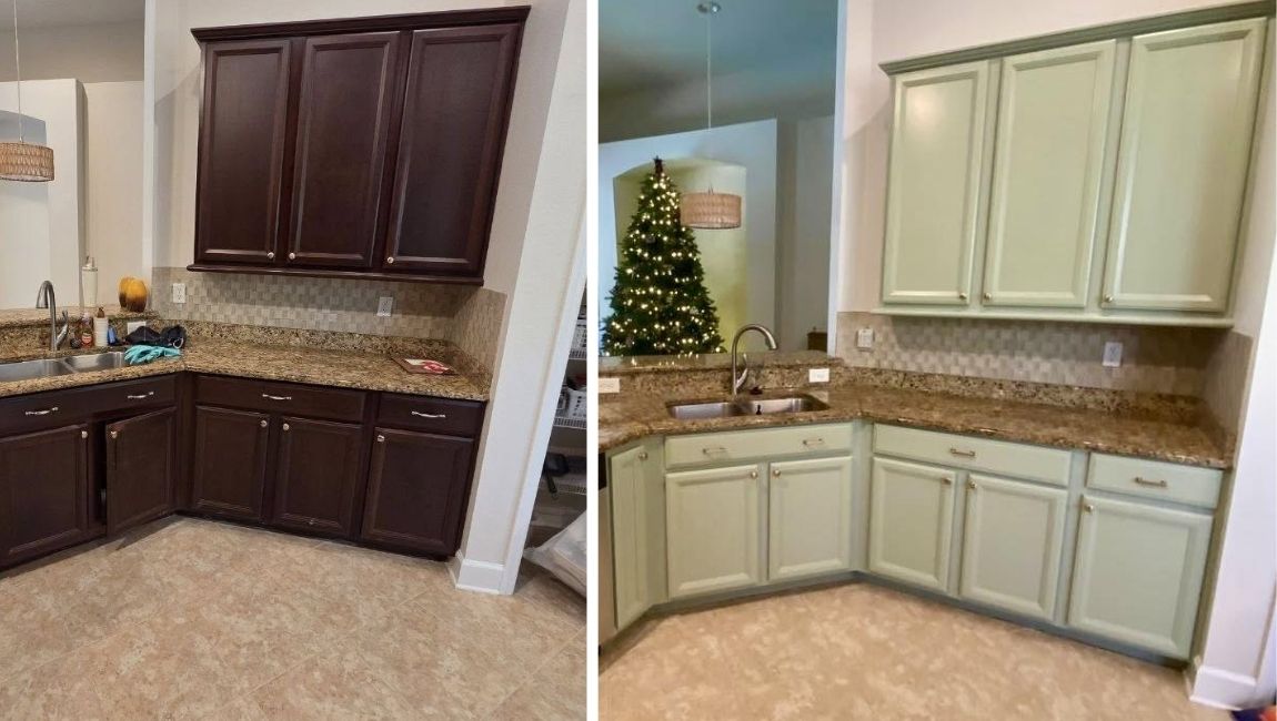 Before and after cabinet painting by a professional Florida cabinet painting contractor transforming dark wood cabinets into a light painted finish
