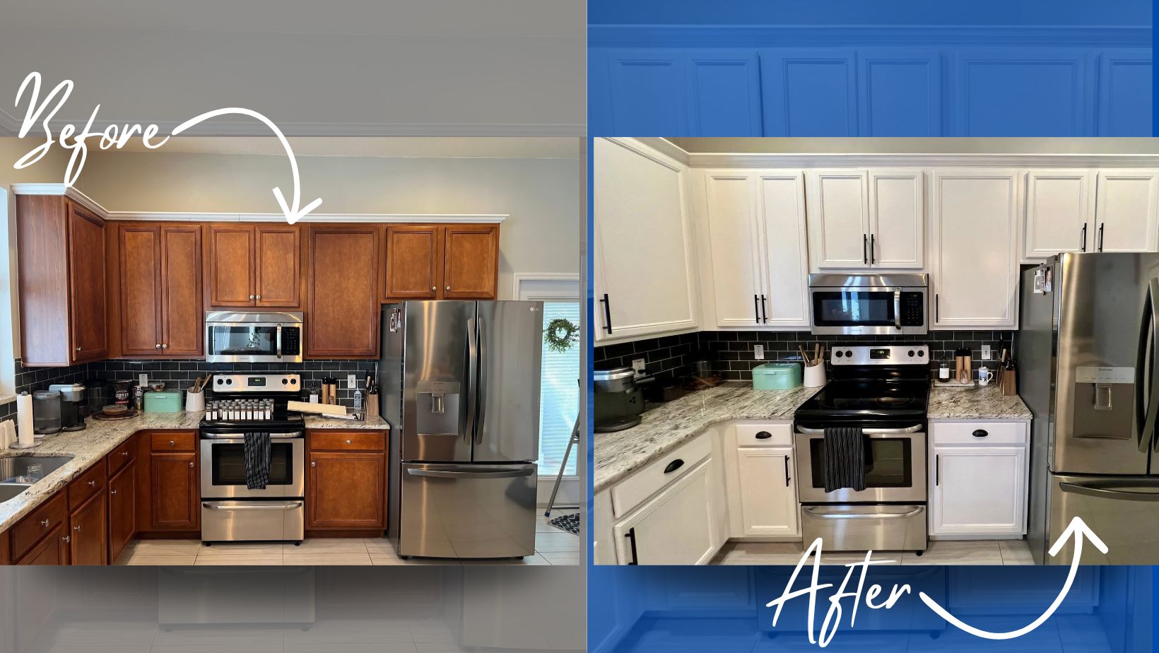 Before and after Lakeland cabinet painting transformation showing dark wood kitchen cabinets refinished to bright white.